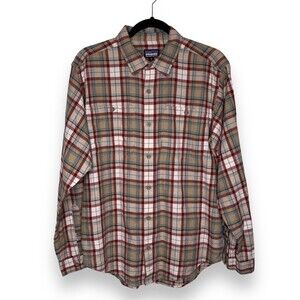 Patagonia Organic Cotton Long Sleeve Button Front Tan Red Plaid Shirt Men Small